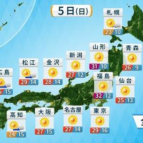 【5日(日)の天気】立夏らしい日差しと暑さ　東日本～東北中心に真夏日が続出予想