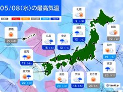 8日　九州～関東は天気急変に注意　落雷・突風・急な激しい雨の恐れ　北海道は積雪も