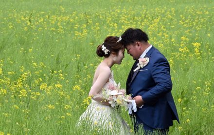 山形・新庄で「黄色の祝福」　春らんまんの菜の花畑で結婚式