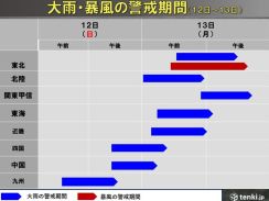 明日12日(日)～13日(月)　広く警報級大雨の恐れ　各地の警戒期間と注意点は