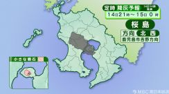 桜島の降灰予報（14日午後3時～15日午前9時）鹿児島市街地方向に予想