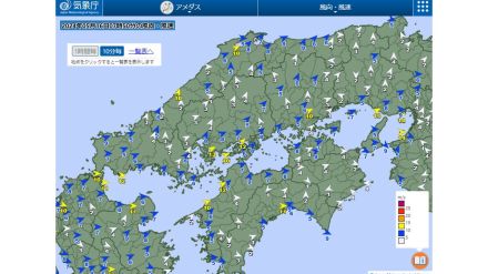 広島県も沿岸部中心に風強まる　瞬間的に20m/s超える風を観測　日本海の低気圧発達で等圧線の間隔せまく西風強く　強風・高波に注意