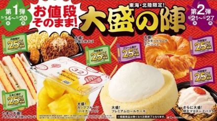 ローソン、お値段据え置きで1.25倍増量の「お値段そのまま！大盛の陣」　中部エリアで開催