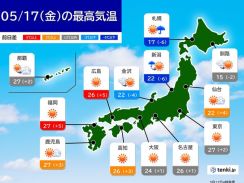 17日の天気　太平洋側は晴れて汗ばむ陽気　日本海側は急な強い雨・暴風・高波に警戒