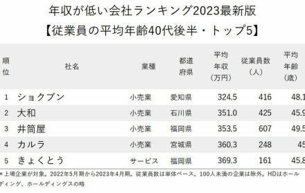 年収が低い会社ランキング2023最新版【従業員の平均年齢40代後半・トップ5】2位と3位は老舗百貨店、1位は？