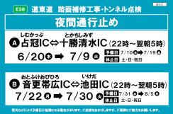 北海道内の高速道路、6～7月に夜間通行止め・IC閉鎖。道央道/道東道で