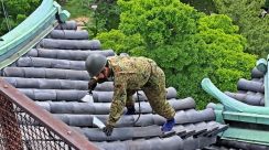 和歌山城クリーン大作戦・陸自隊員が命綱つけて清掃活動