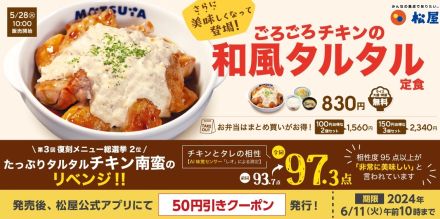 松屋「ごろごろチキンの和風タルタル定食」5月28日発売、ミツカンコラボで“パワーアップ”した再登場メニュー、3種のお酢の南蛮ダレと濃厚タルタルが相性抜群