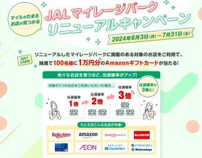 JALマイレージパーク、抽選で100名にAmazonギフト1万円分が当たるキャンペーン。通販サイト利用やJALカード決済で