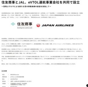 住友商事とJAL、「空飛ぶクルマ」運航の新会社設立