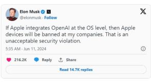 マスク氏、Apple製OSへのOpenAI統合を批判。「実現ならApple製品を会社から排除」