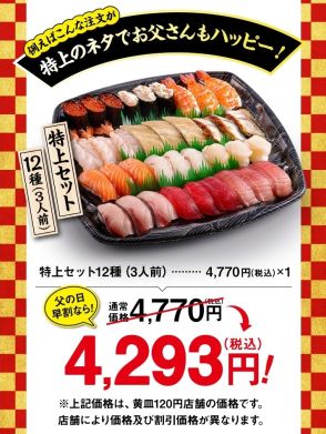 回転寿司チェーン4社の「父の日」企画、感謝を伝える“ご馳走”の「持ち帰り寿司」を提案、早割や父の日セット、プレゼント企画など各社様々