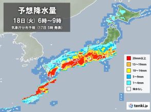 梅雨前線北上　明日18日は九州～関東に活発な雨雲　朝の通勤時に滝のような雨の所も