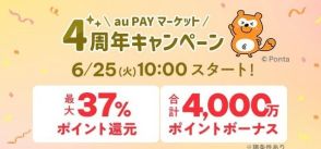 最大37％ポイント還元や最大1万ポイント当たる「au PAY マーケット 4周年キャンペーン」開催　6月25日から