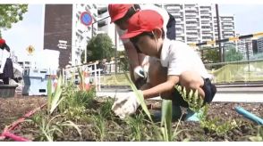 街なかスタジアム「Ｅピース」横に公園広場　小学生が花の苗を植える　８月オープン予定　