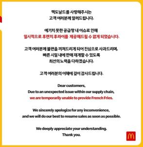韓国マクドナルド、フライドポテトの販売を一時中断…「サプライチェーン問題によるもの」