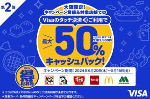 三井住友カード、マクドナルド/モス/すき家などで最大50％戻ってくる「大阪限定 Visaのタッチ決済キャッシュバックキャンペーン 第2弾」