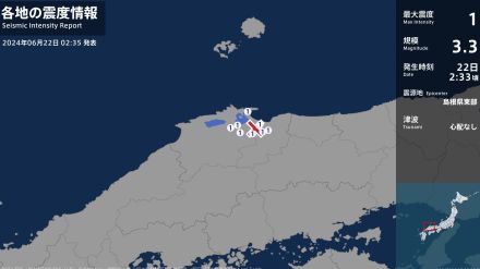 鳥取県、島根県で最大震度1の地震　鳥取県・米子市、境港市、鳥取南部町、伯耆町、島根県・松江市、安来市