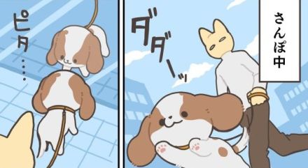 【漫画】散歩中、愛犬がガラスに映った自分を見つめている！　飼い主のツッコミに「的確すぎて笑う」【作者インタビュー】