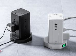 サンワサプライ、タワー型の12個口電源タップ。USB Type-A/Cポート搭載