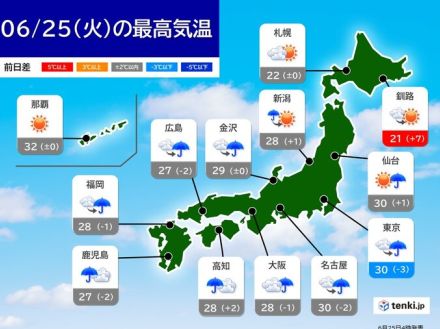 25日　九州南部や東北で局地的に激しい雨　蒸し暑さ続く