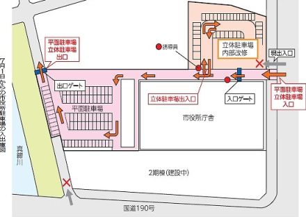 市役所駐車場、改修工事で出入り口変更　7月1日から【宇部】