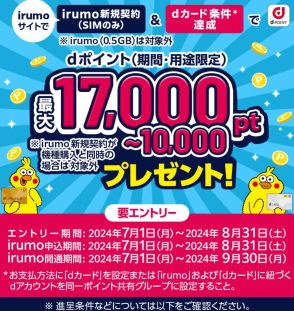 ドコモの「irumo」でdカードキャンペーン、最大1万7000ポイントプレゼント