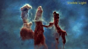 宇宙にそり立つ「創造の柱」の3D映像。まるで星雲の中を飛ぶよう