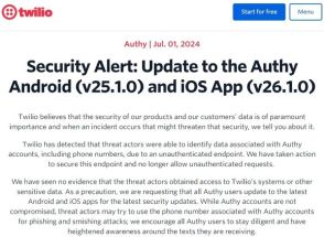 Twilio、「Authy」の多数の顧客電話番号流出を認めアプリ更新を呼び掛け