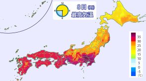 8日(月)も関東～西で猛暑続く　東京37℃予想　関東内陸は40℃に届く可能性も　熱中症に厳重警戒
