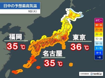 9日も東京都心などで猛烈な暑さ　35℃以上の猛暑日続出　今朝は超熱帯夜も