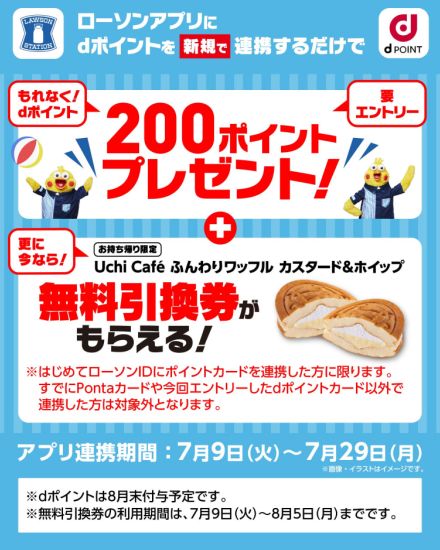 ローソンアプリとdポイント連携で200ポイント、ワッフルの無料引換券もついてくる