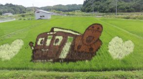 秋田内陸線沿線の田んぼアート見頃　かわいらしいキャラクターが乗客の目を楽しませる