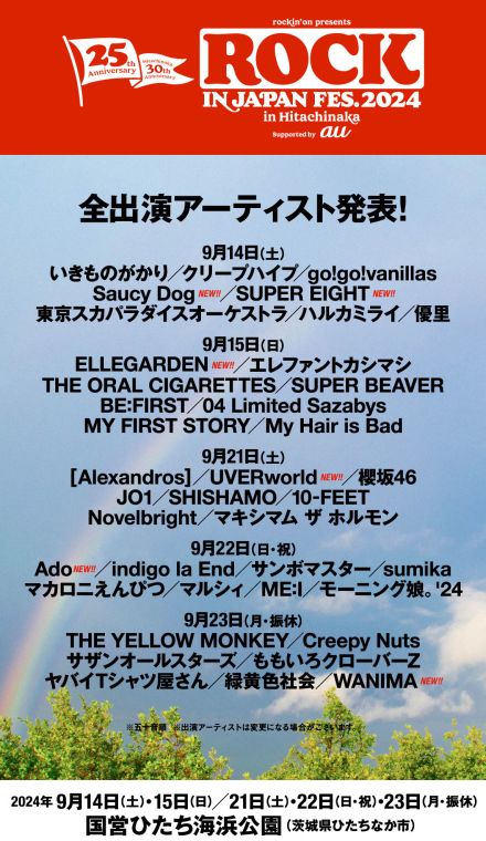 ひたちなか『ロッキン』にSUPER EIGHT、Ado、ELLEGARDEN、UVERworld、WANIMA、Saucy Dog