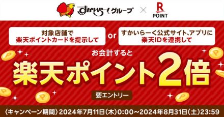 すかいらーく対象店舗、「楽天ポイントカード」提示でポイント2倍キャンペーン