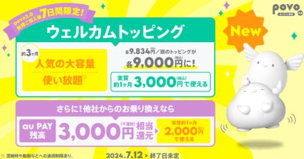 povoに「300GB/90日」「7日使い放題×12回」が登場、新規契約向け