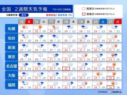 海の日も大雨に警戒　週後半から次第に梅雨明けか　猛烈な暑さに　2週間天気