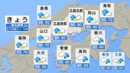 【きょう7/15（月） 広島天気】梅雨前線は山陰沖に停滞　断続的に強雨の予想　局地的に雷を伴う所も　