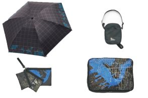 ゼンリン、道路・鉄道網・夜景などの地図柄トラベルアイテム。折りたたみ傘/衣類ポーチほか