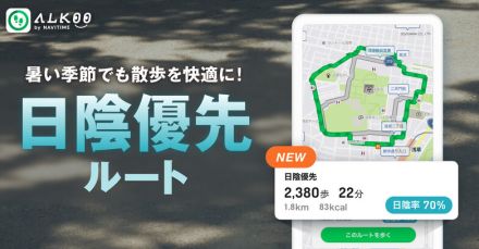 ウォーキングアプリ「ALKOO」が散歩ルート機能に「日陰優先ルート」を追加