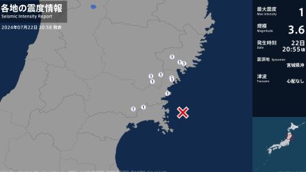 岩手県、宮城県で最大震度1の地震　岩手県・大船渡市、住田町、一関市、宮城県・気仙沼市、涌谷町、南三陸町