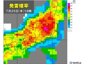 関東　今日の午後　平野部でもゲリラ豪雨のおそれ　発雷確率高く　落雷や突風に注意