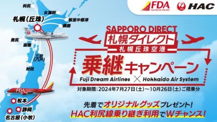 FDAとHACの乗り継ぎでコラボフライトタグもらえる。利尻線利用者には抽選でグッズや利尻・礼文の特産品も