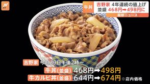 吉野家、牛丼並盛りの店内価格を468円→498円に値上げ