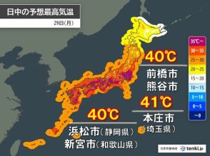 明日29日　さらなる酷暑　関東以西で40℃続出　歴代最高気温に匹敵する高温の恐れ
