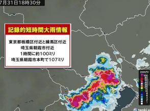 東京都と埼玉県で1時間に約100ミリ「記録的短時間大雨情報」