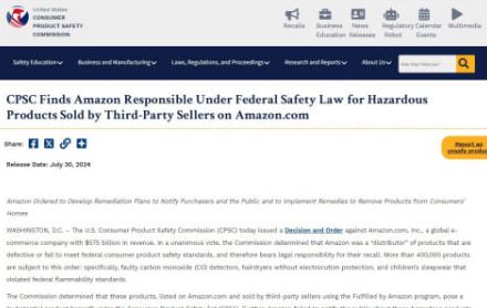 米Amazonが欠陥商品40万点以上を販売したとしてCPSCがリコール措置命令