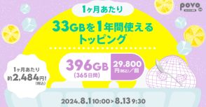 povo、1年間使える期間限定トッピング3種類　48GB／144GB／396GB