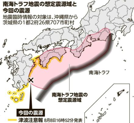 南海トラフ地震臨時情報の対象の1都2府26県707市町村はこちら