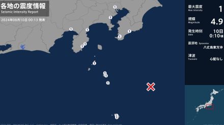 千葉県、東京都、神奈川県、静岡県で最大震度1の地震　千葉県・館山市、鴨川市、東京都・東京千代田区、新島村